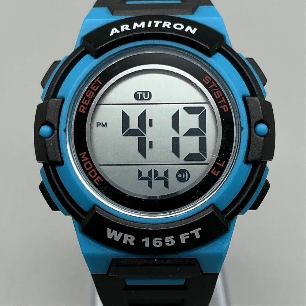 Armitron Pro Sport Boys Watch 36mm Digital Silver Tone Black Blue Strap 165FT WR